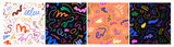 Doodle scribble patterns set. Abstract seamless backgrounds, endless repeating texture. Repeatable print designs with hand-drawn lines, shapes. Colored vector illustration for textile, wrapping