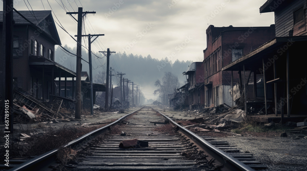 Fototapeta premium Abandoned street with a railway in a village on a cloudy day