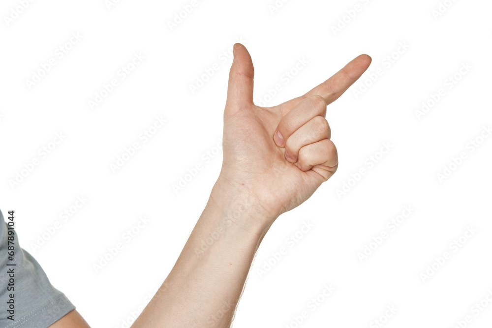 male hand pointing to the right with the index finger on white background male hand pointing to the right with the index finger on white background