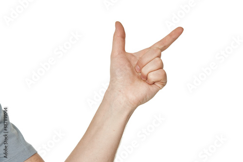 male hand pointing to the right with the index finger on white background