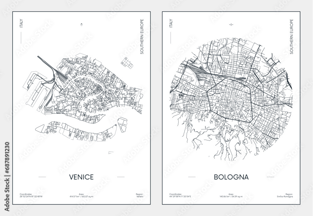 Travel poster, urban street plan city map Venice and Bologna, vector illustration - obrazy, fototapety, plakaty 
