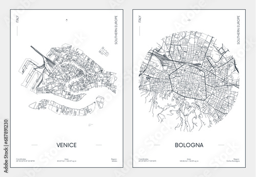 Travel poster, urban street plan city map Venice and Bologna, vector illustration photo