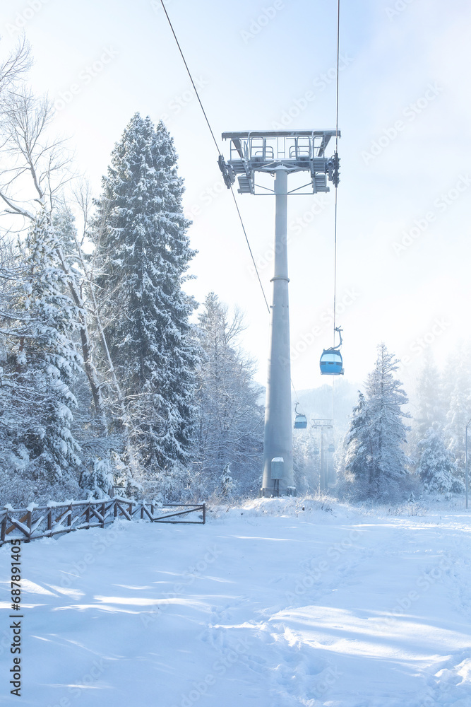 Obraz premium Ski resort Bansko, Bulgaria, cable car gondola