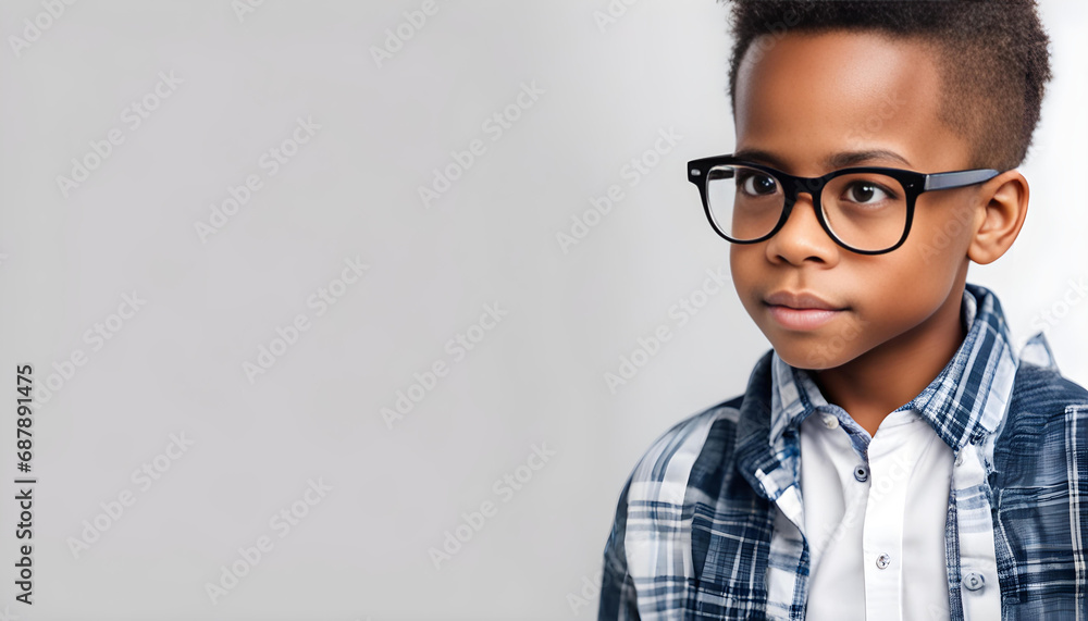portrait of a cute african-american boy with big glasses. white background portrait of a cute african-american boy with big glasses. white background