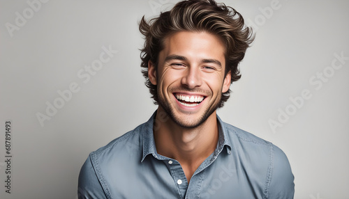 A professional portrait studio photo of a handsome young white american male model with perfect clean teeth laughing and smiling. isolated on a white background