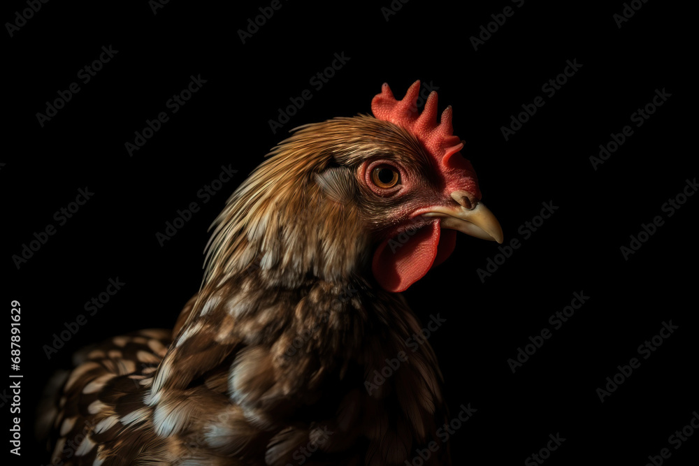 Home pet hen chick on a black background close-up, isolate. AI generated.