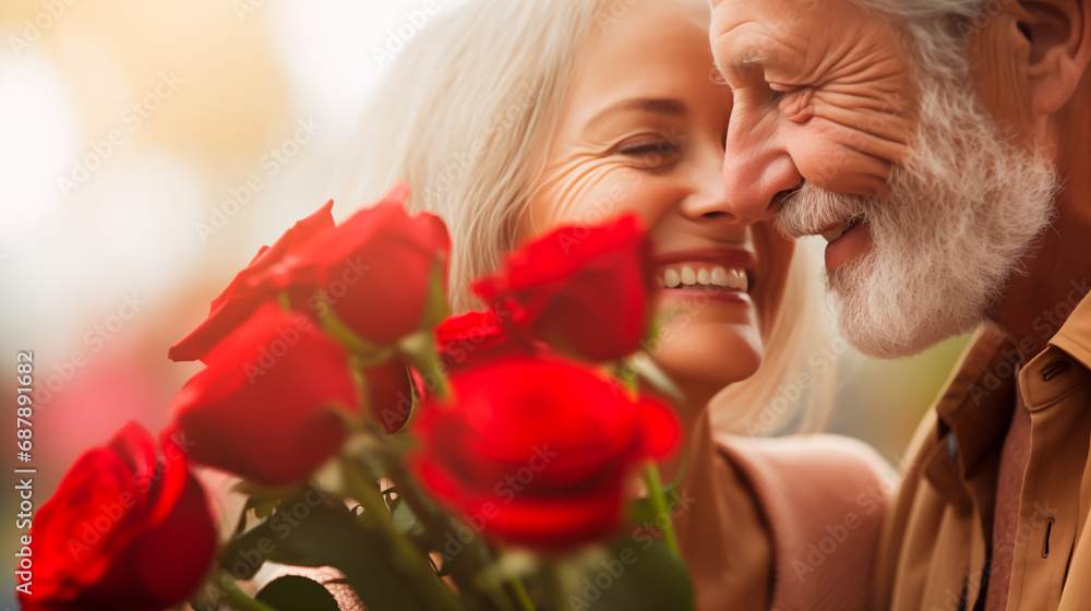 Senior couple with red roses enjoying a tender moment.
Senior couple with red roses enjoying a tender moment.