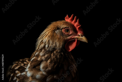 Home pet hen chick on a black background close-up, isolate. AI generated.