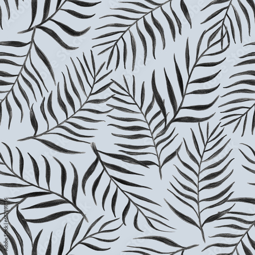 Black and white palm leaves on a blue background,exotic tropical hawaii seamless pattern.Tropical exotic leaves or plant seamless pattern for summer background and beach wallpaper