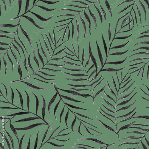 Seamless exotic pattern with palm leaves Hand drawn in black and white with pencil tropical wallpaper with palm leaves. Botanical graphic design for printing. Tropical leaves on green background