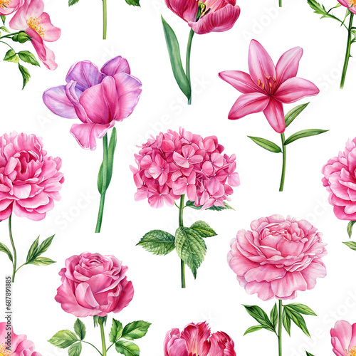 Seamless pattern with pink flowers watercolor. Floral design, botanical background. Hydrangea, rose, lily and tulip
