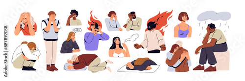 Sad frustrated characters set. People in anxiety, grief, depression. Frustration, sadness, sorrow emotions. Unhappy people in despair. Flat graphic vector illustrations isolated on white background