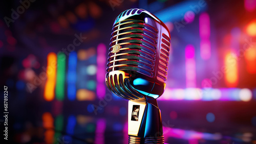 Vintage Microphone on Colorful Lighted Stage