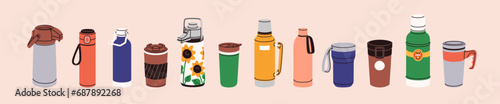 Thermo mugs, thermoses set. Tumblers, thermal cups for hot drinks. Vacuum insulated thermic bottles, travel flasks with lids. Termo containers for warm beverages. Isolated flat vector illustration photo