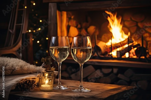 Glasses of champagne stand on the table against the backdrop of a burning fireplace. A festive Christmas evening in a cozy home environment. Romantic New Year's Eve.