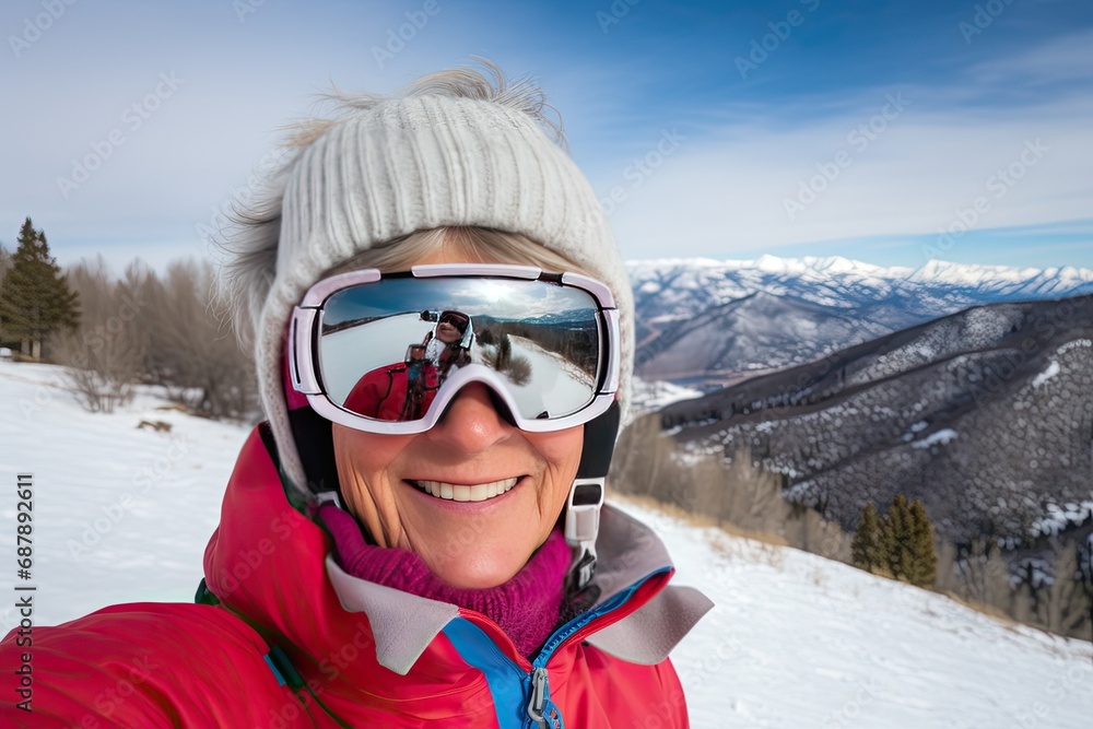 Selfie photo of an elderly woman in ski goggles, a hat and equipment against the backdrop of a sunny snowy mountain landscape. Selfie photo of an elderly woman in ski goggles, a hat and equipment against the backdrop of a sunny snowy mountain landscape.