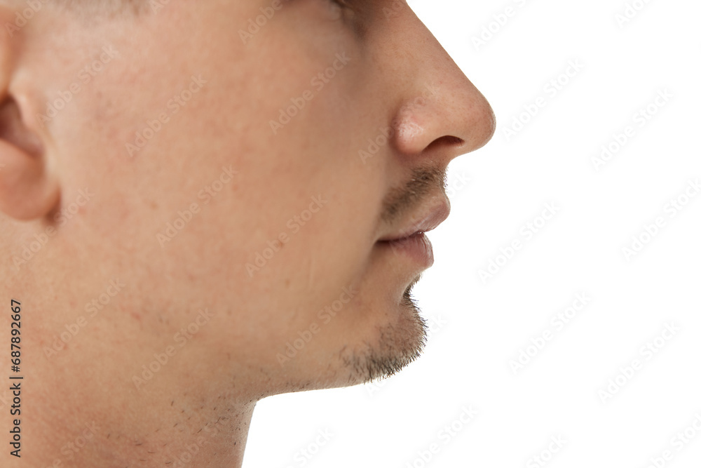 profile of male nose on white studio background profile of male nose on white studio background
