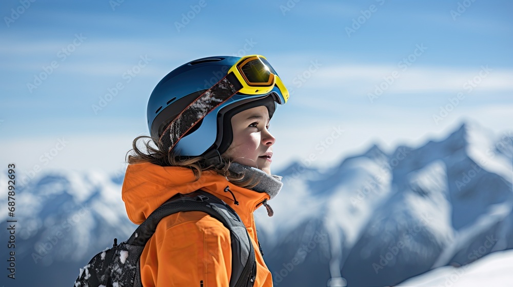 A boy child in ski goggles and equipment looks to the side against the backdrop of a sunny winter mountain landscape