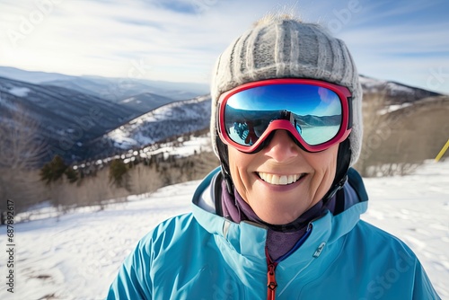 Selfie photo of an elderly woman in ski goggles, a hat and equipment against the backdrop of a sunny snowy mountain landscape. © photolas
