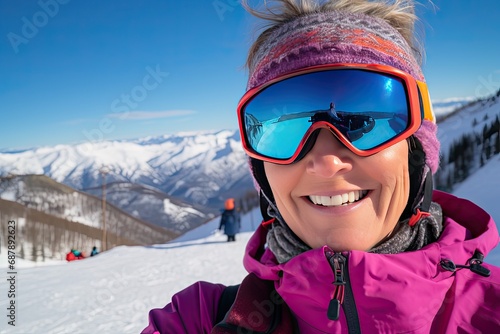 Selfie photo of an elderly woman in ski goggles, a hat and equipment against the backdrop of a sunny snowy mountain landscape.