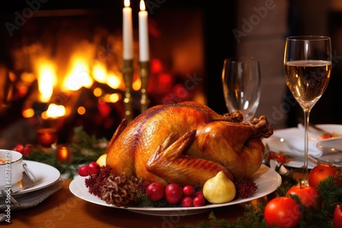 Traditional Christmas dinner with roast chicken, baked turkey on a festive table with wine and candles in front of a burning fireplace. New Year's Eve in a cozy room