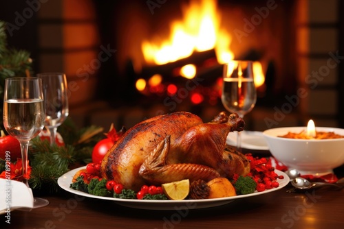 Traditional Christmas dinner with roast chicken, baked turkey on a festive table with wine and candles in front of a burning fireplace. New Year's Eve in a cozy room