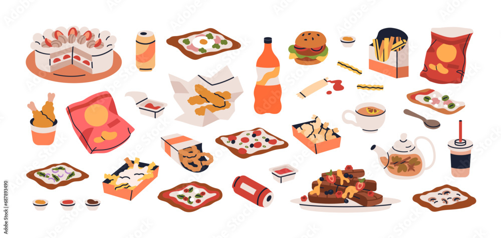 Fast junk food set. Unhealthy snacks and drinks. Fastfood eating. Burger, pizza, chicken nuggets, fat sauces, crisps, French fries, soda, cake. Flat vector illustrations isolated on white background Fast junk food set. Unhealthy snacks and drinks. Fastfood eating. Burger, pizza, chicken nuggets, fat sauces, crisps, French fries, soda, cake. Flat vector illustrations isolated on white background