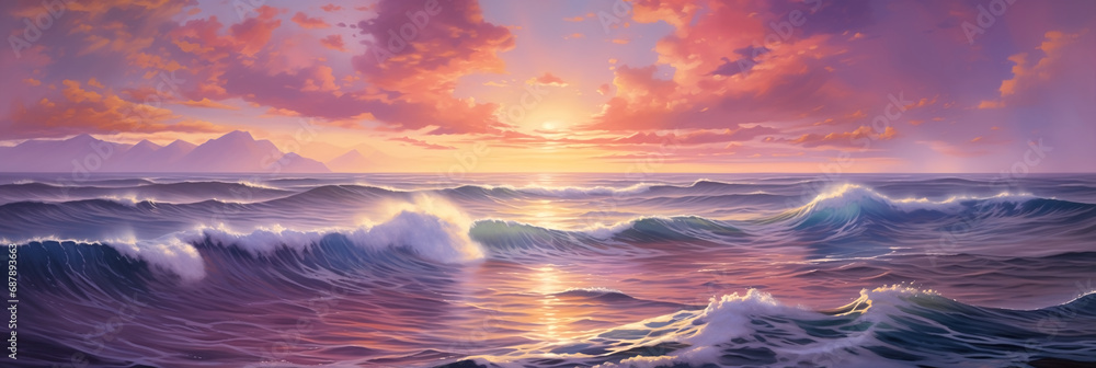 idyllic golden hour sunset with colorful purple clouds far into the distant horizon and majestic open ocean waves - calming and tranquil scenic seascape - overwhelming sense of freedom and peace. - obrazy, fototapety, plakaty 
