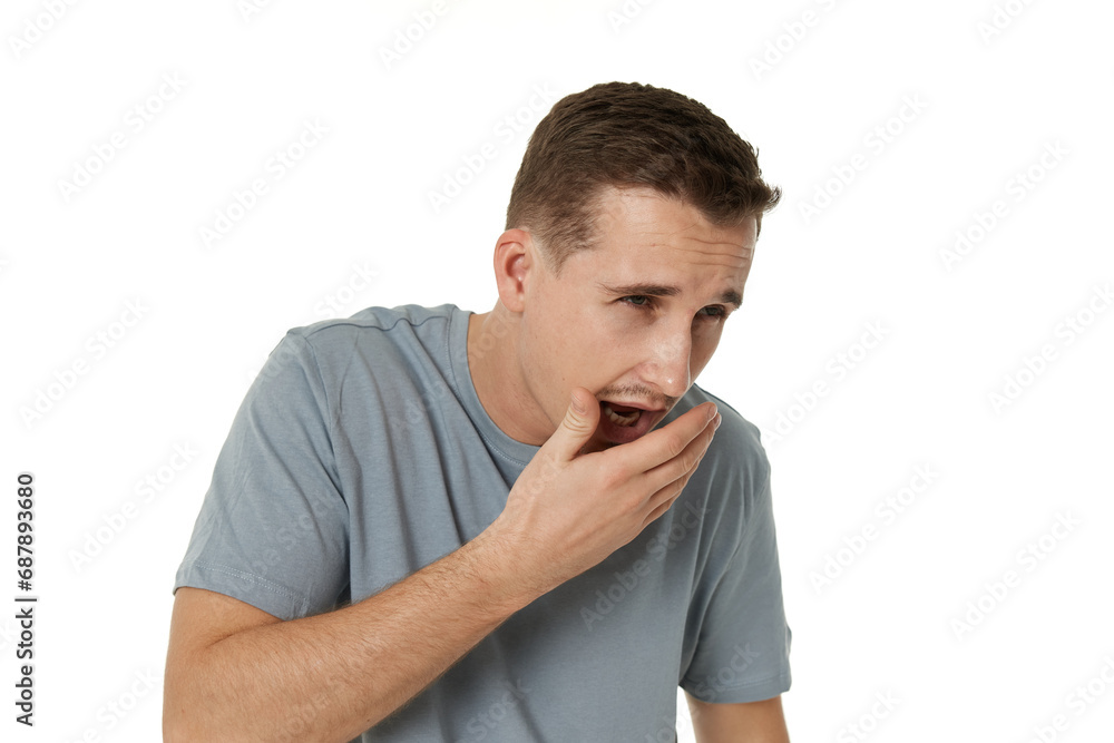 caucasian man suffers pain in throat and coughing on white background caucasian man suffers pain in throat and coughing on white background
