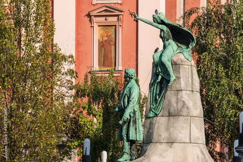 monument to France Prešeren in front Church of the Annunciation, Prešeren Square, Ljubljana,Slovenia, Central Europe, photo