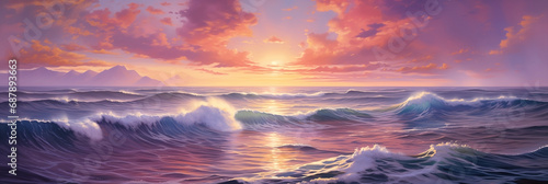 idyllic golden hour sunset with colorful purple clouds far into the distant horizon and majestic open ocean waves - calming and tranquil scenic seascape - overwhelming sense of freedom and peace. photo