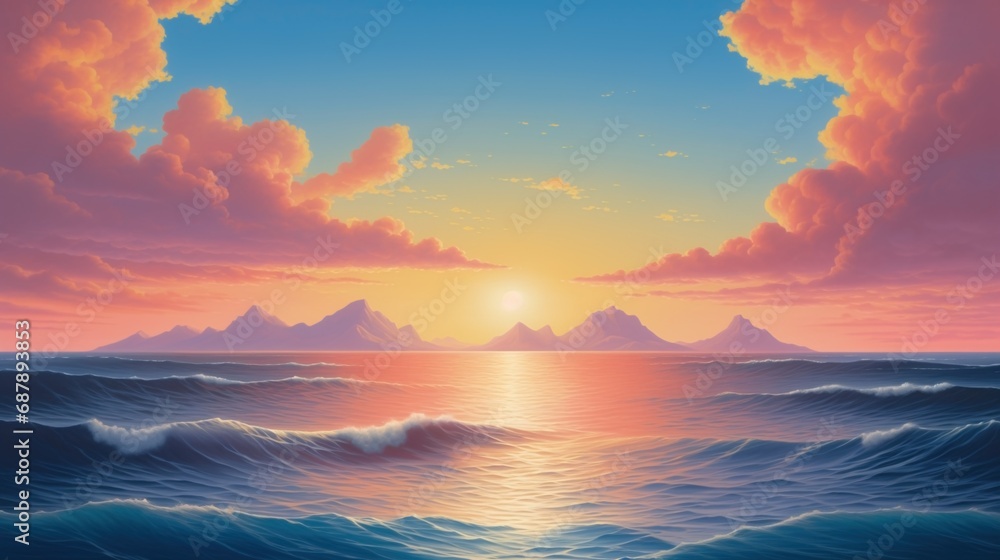Dream world shores of paradise with an eternal peaceful sunset horizon.