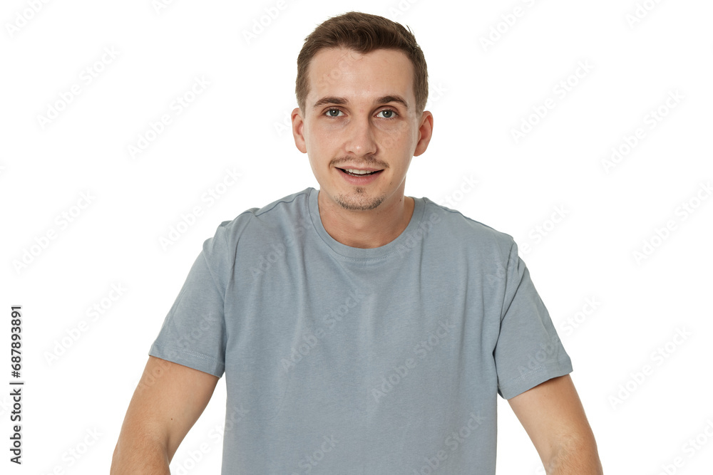 surprised guy looking at camera on white studio background