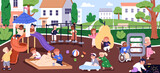 Children at playground. Kindergarten kids playing outside. Childs outdoor activities in summer. Preschool nursery landscape. Boys, girls and toys, entertainment equipment. Flat vector illustration