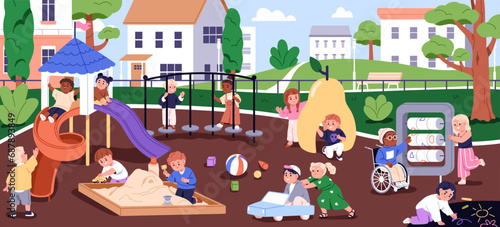 Children at playground. Kindergarten kids playing outside. Childs outdoor activities in summer. Preschool nursery landscape. Boys, girls and toys, entertainment equipment. Flat vector illustration