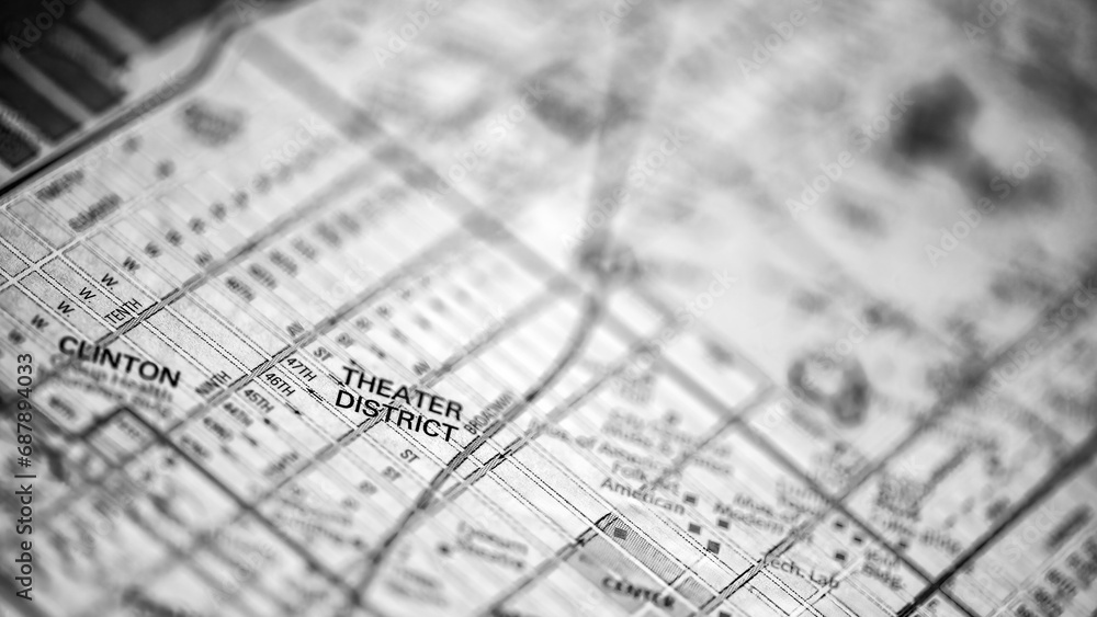 Map of Manhattan, New York City, USA. Shallow focus on Theater District Map of Manhattan, New York City, USA. Shallow focus on Theater District