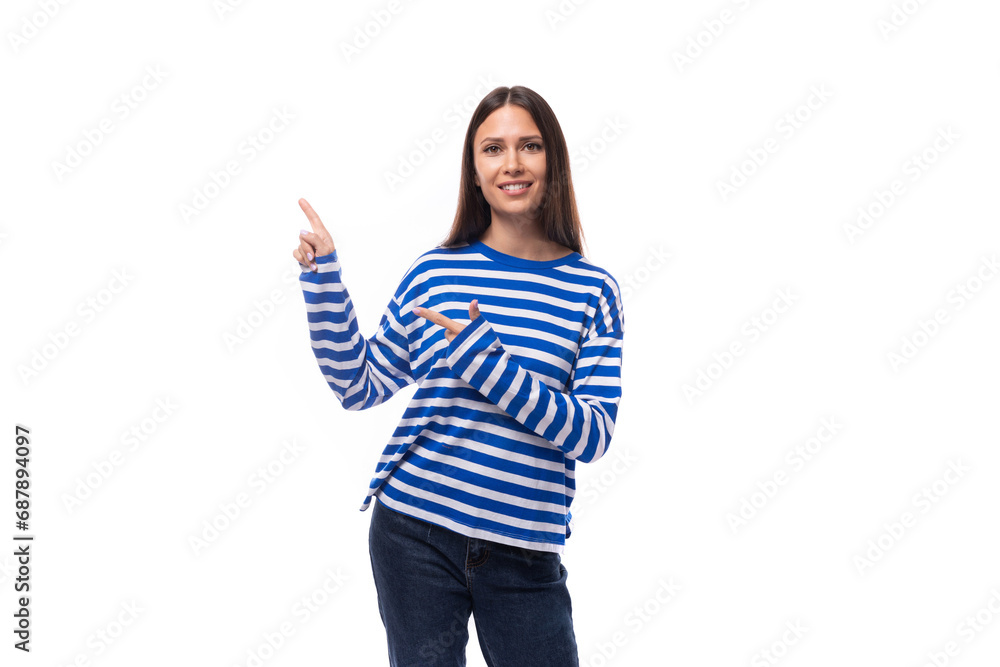 portrait of a young slender caucasian woman with straight dark hair pointing to the side portrait of a young slender caucasian woman with straight dark hair pointing to the side