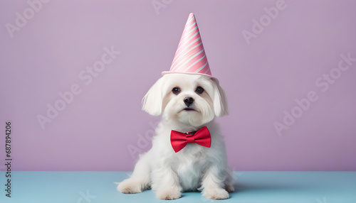 Maltese puppy in party cone hat necklace bow tie outfit isolated on solid pastel background