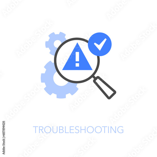Simple visualised troubleshooting icon symbol with process cogwheels and a magnifying glass determining problem.