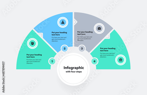 Process flow diagram divided into four steps. Flat infographic with minimalistic icons and place for your texts.
