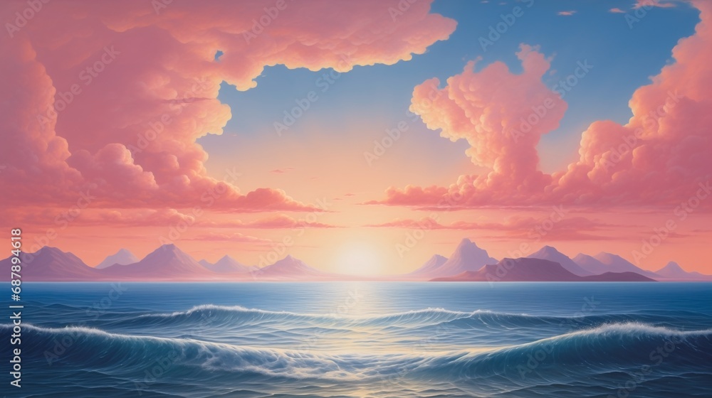Dream world shores of paradise with an eternal peaceful sunset horizon.