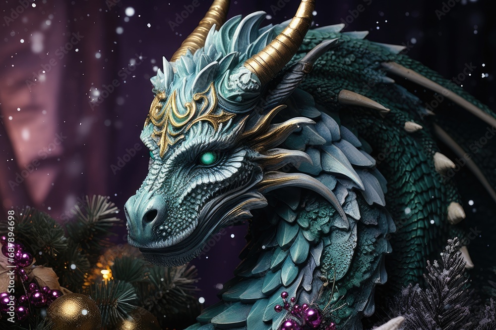 The wooden green dragon is a symbol of 2024 according to the eastern horoscope. Fairytale mythical Chinese character decorated with gold and flowers.