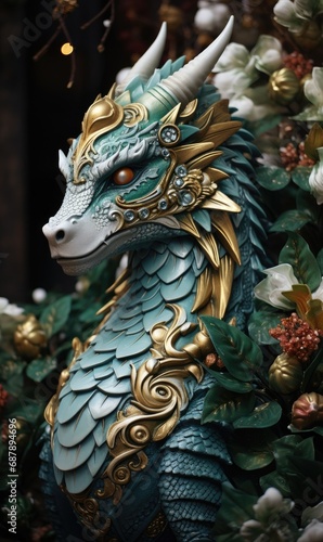 The wooden green dragon is a symbol of 2024 according to the eastern horoscope. Fairytale mythical Chinese character decorated with gold and flowers. © photolas