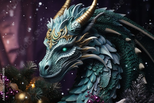 The wooden green dragon is a symbol of 2024 according to the eastern horoscope. Fairytale mythical Chinese character decorated with gold and flowers. © photolas