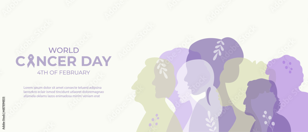 World cancer day banner.Vector illustration with silhouettes of people and purple ribbon. - obrazy, fototapety, plakaty 