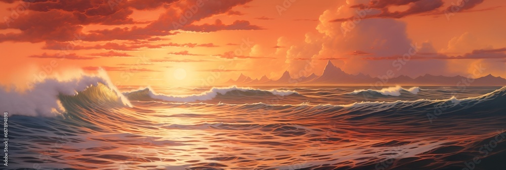 idyllic golden hour sunset with colorful red clouds far into the distant horizon and majestic open ocean waves - calming and tranquil scenic seascape - overwhelming sense of freedom and peace.
