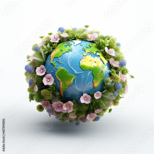Planet Earth in flowers. 3D logo icon, abstract illustration of the globe covered in different colors.