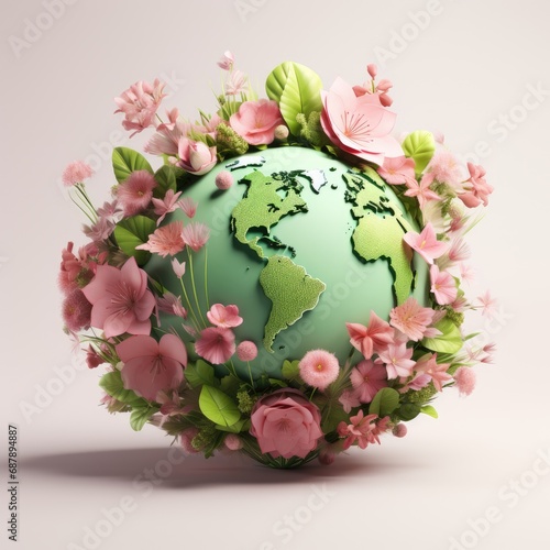 Planet Earth in flowers. 3D logo icon, abstract illustration of the globe covered in different colors.