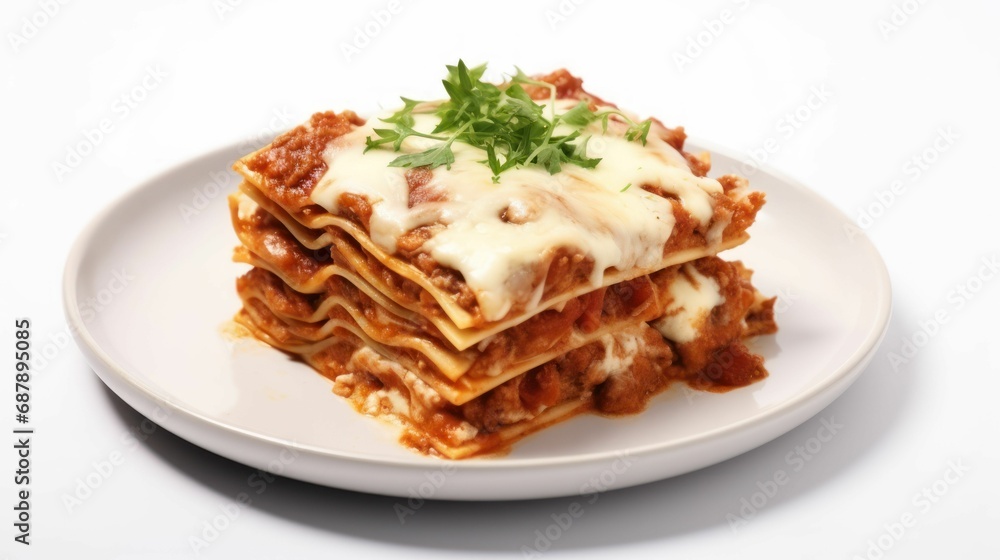 AI illustration of a white plate with a freshly cooked stack of lasagna.