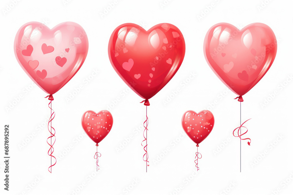 Set of glossy red heart-shaped balloons with ribbons, perfect for Valentine's Day or romantic events.Greeting card for of Valentines day or birthday,mother's day,weddings.	
